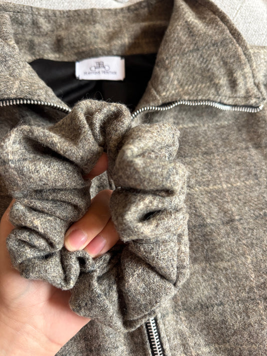 Large Tweed Scrunchie- Grey/ Olive green
